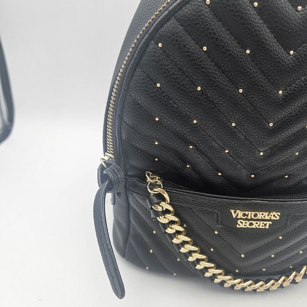 Victoria's Secret V Quilt Mini Backpack Black Gold Chain Studded Bag - Picture 5 of 12